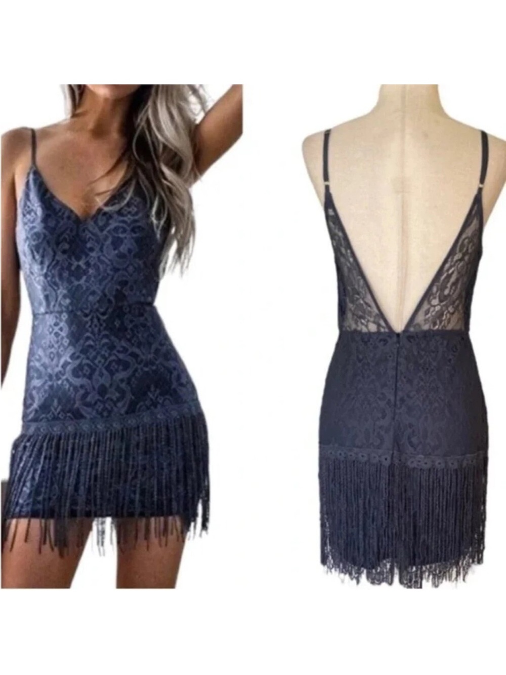 Navy Lace Fringe Mini Dress